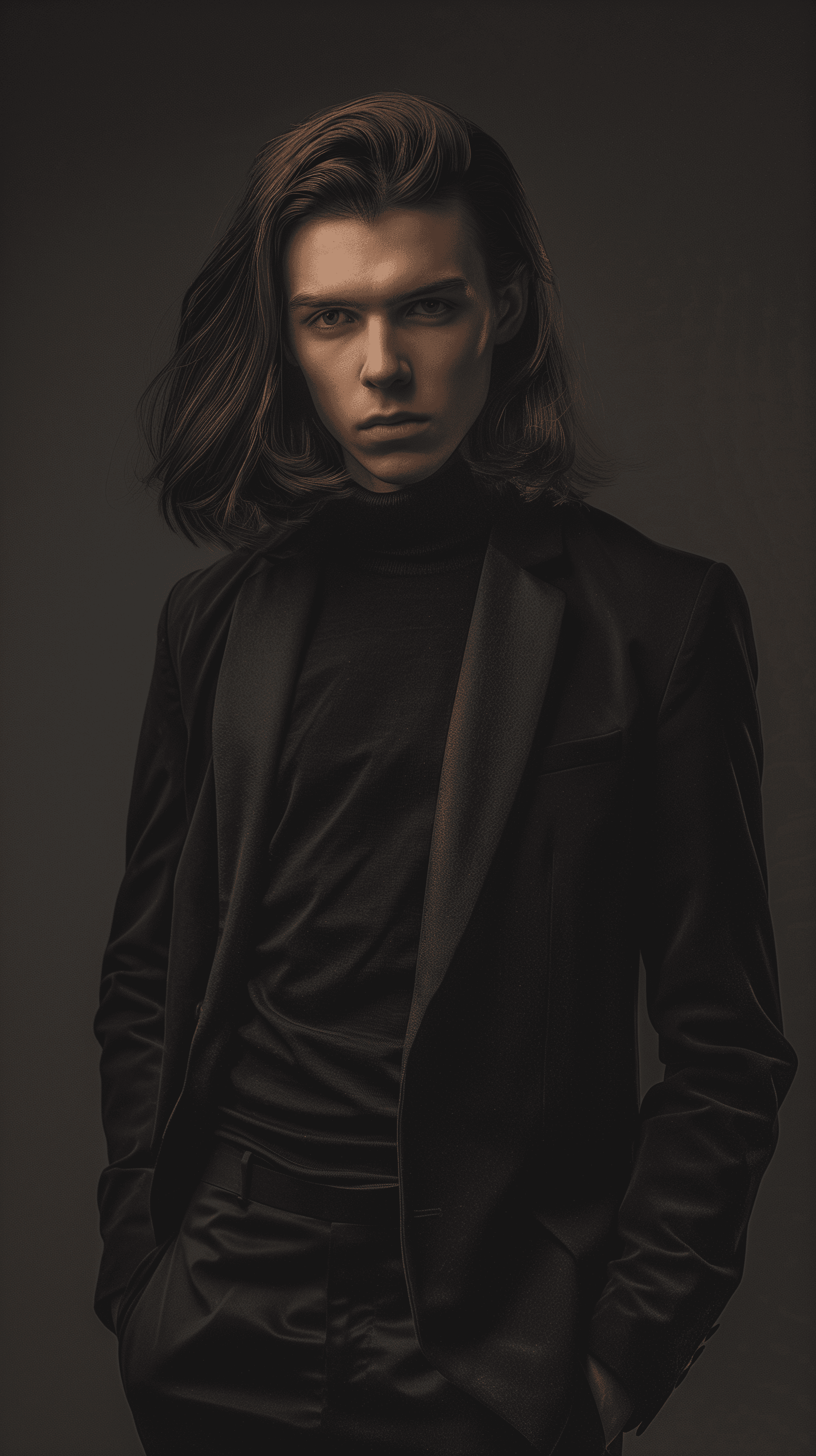 AI generated: photograph, full-body, young man professional model pose, minimalist fashion, stylish nessy long hai...