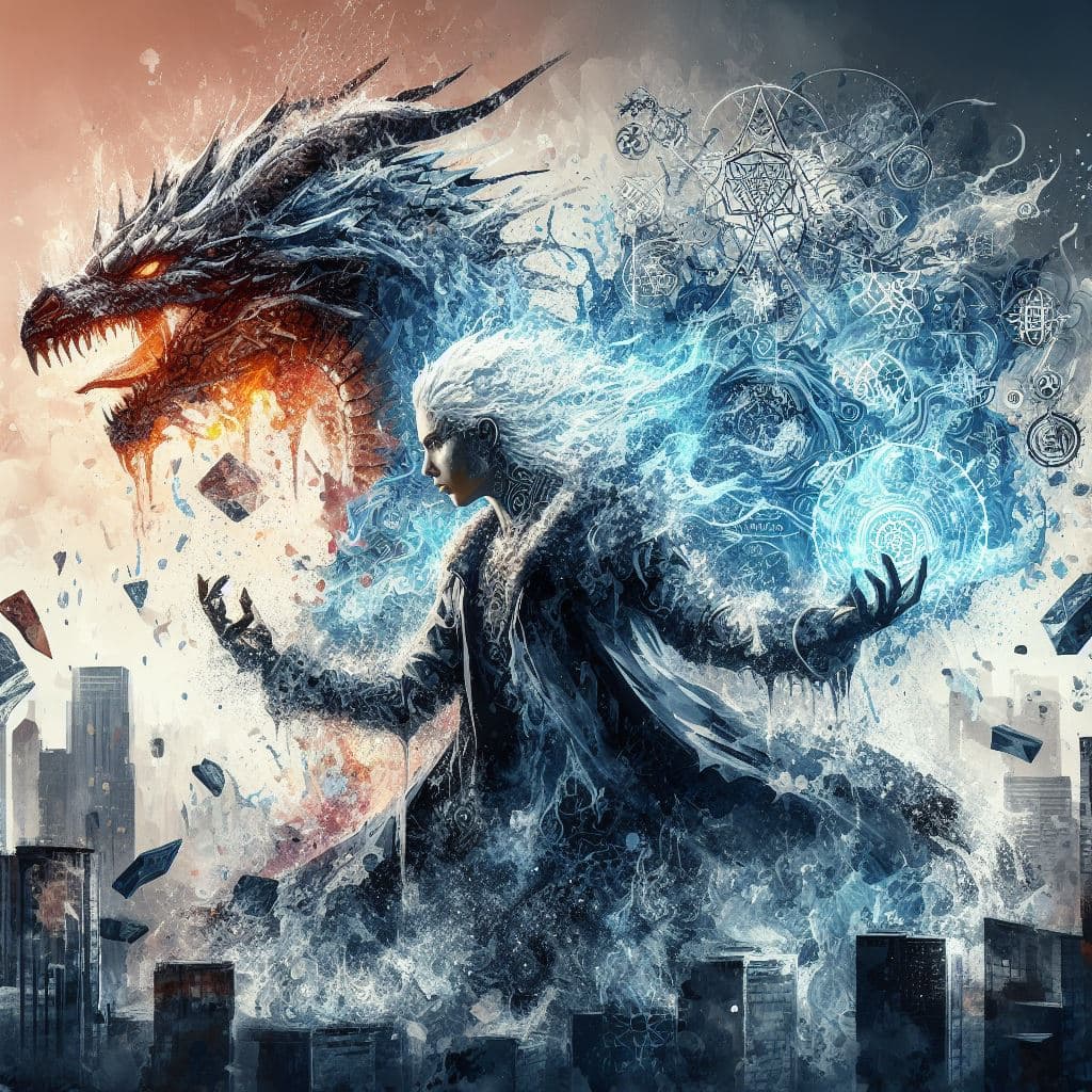 AI generated: A badass warlock woman made of water and ice summoning a giant dragon, tears of ice, occult symbols ...