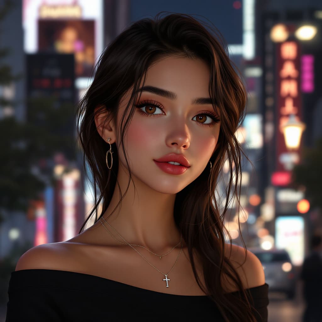 AI generated: Young adult female with an oval-shaped, symmetrical face and soft, balanced features. Almond-shaped ...