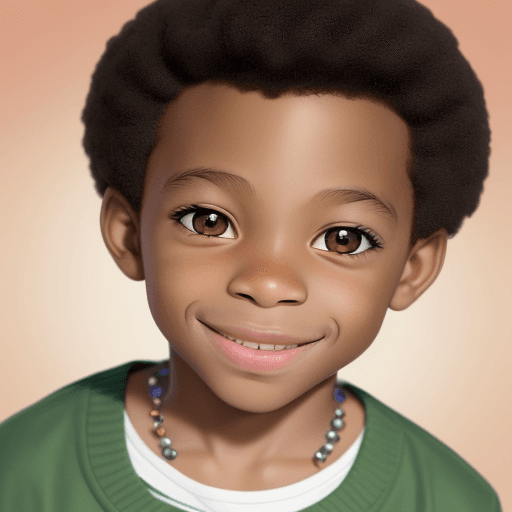 AI generated: Design an 8-year-old African American boy with a lively and endearing appearance. His features shoul...