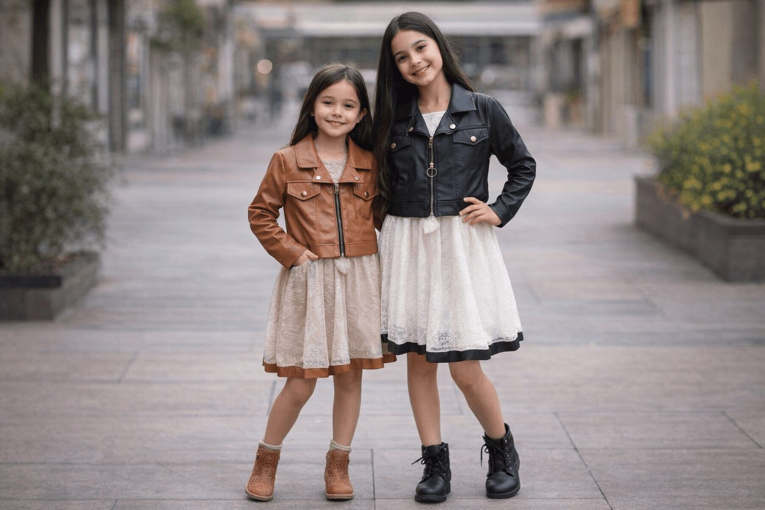 AI generated: Complete image of 02 girls of 8 and 12 years old from head to foot .with different position having t...