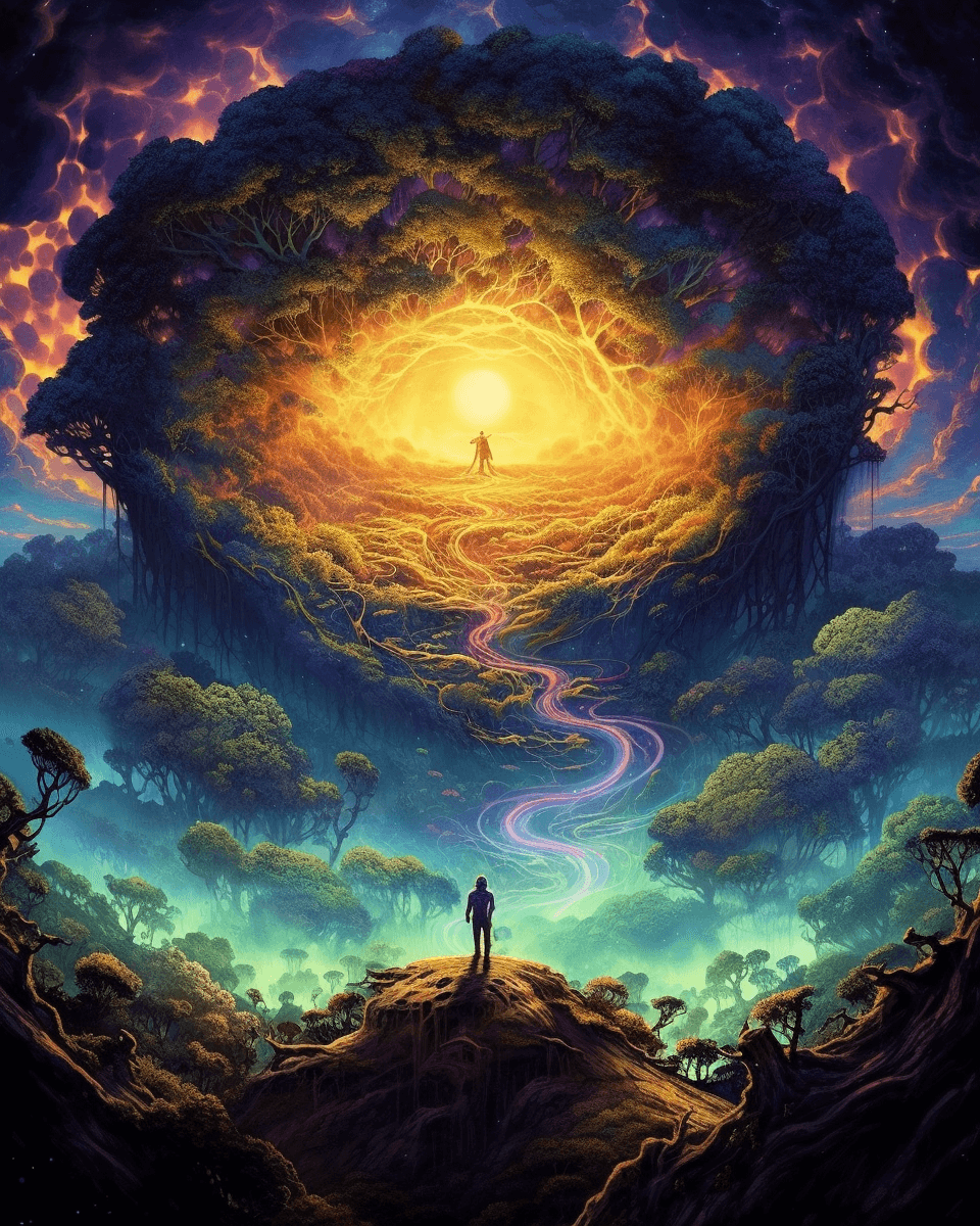 AI generated: surrealist rendering of a large circle of a person above a tree in an image, in the style of vibrant...
