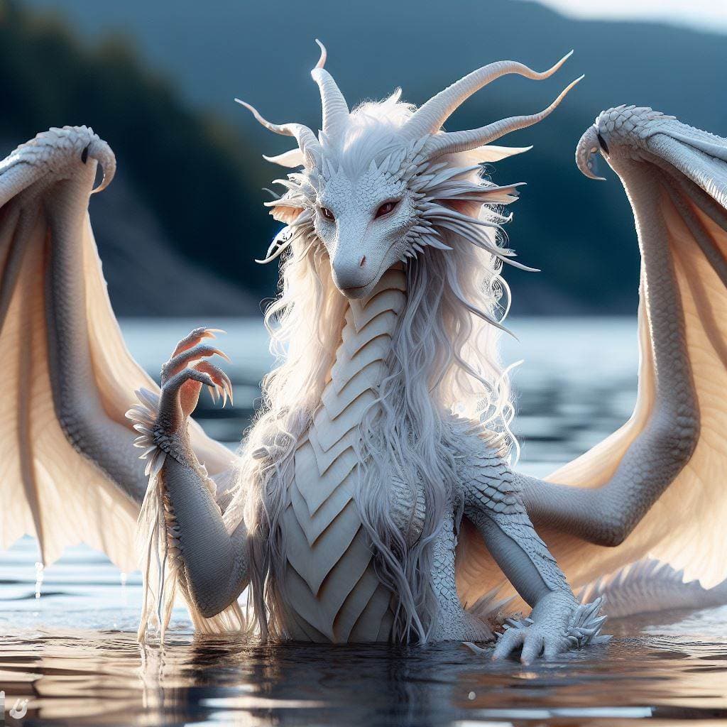 AI generated: ultra realistic photograph of a stunning anthropomorphic female dragon in water, lake, stunning comp...