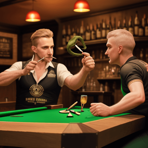 AI generated: A snake and a rat playing darts in the pub