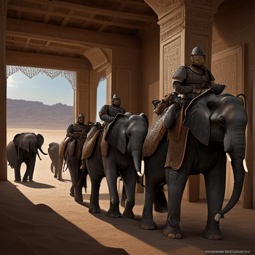 AI generated: High resolution photography, a million group of elephant troops complete with riders with weapons we...