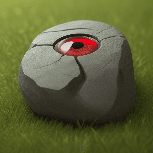AI generated: living rock. red eye and  
rock lags on green grass