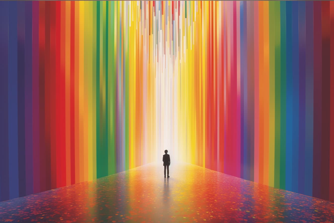 AI generated: a person standing in a light filled room, by Okuda Gensō, inspired by Ryoji Ikeda, in the cover of n...