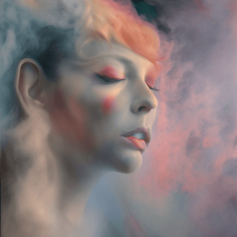 AI generated: portrait of a woman covered in cloud of smoke, whirlwind, coral highlight colors, coral make-up, hin...