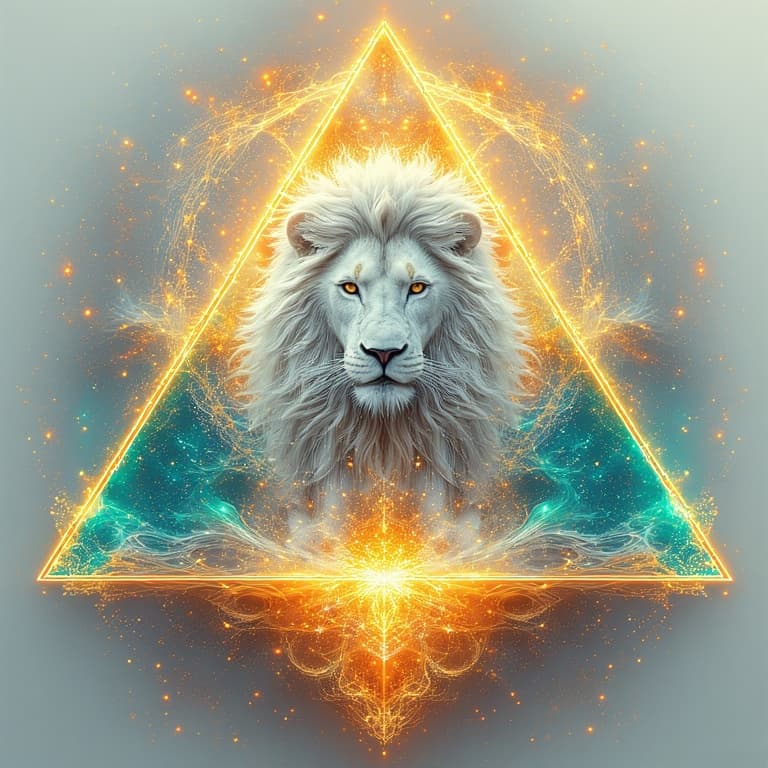 AI generated: White lion inside a sacred geometric triangle, surrounded by intricate fractal patterns, golden rati...