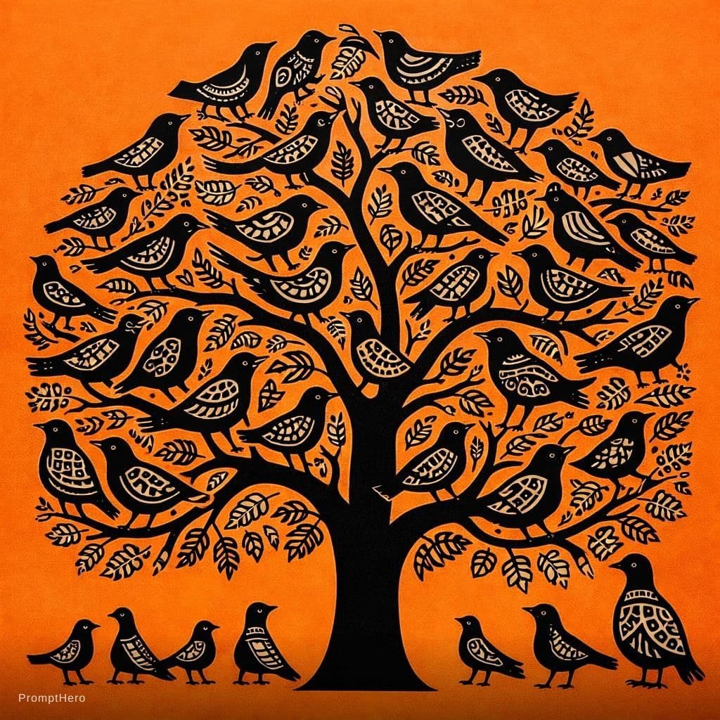 AI generated: A tree with many birds, in the style of Inuit art, orange background --ar 64:64 