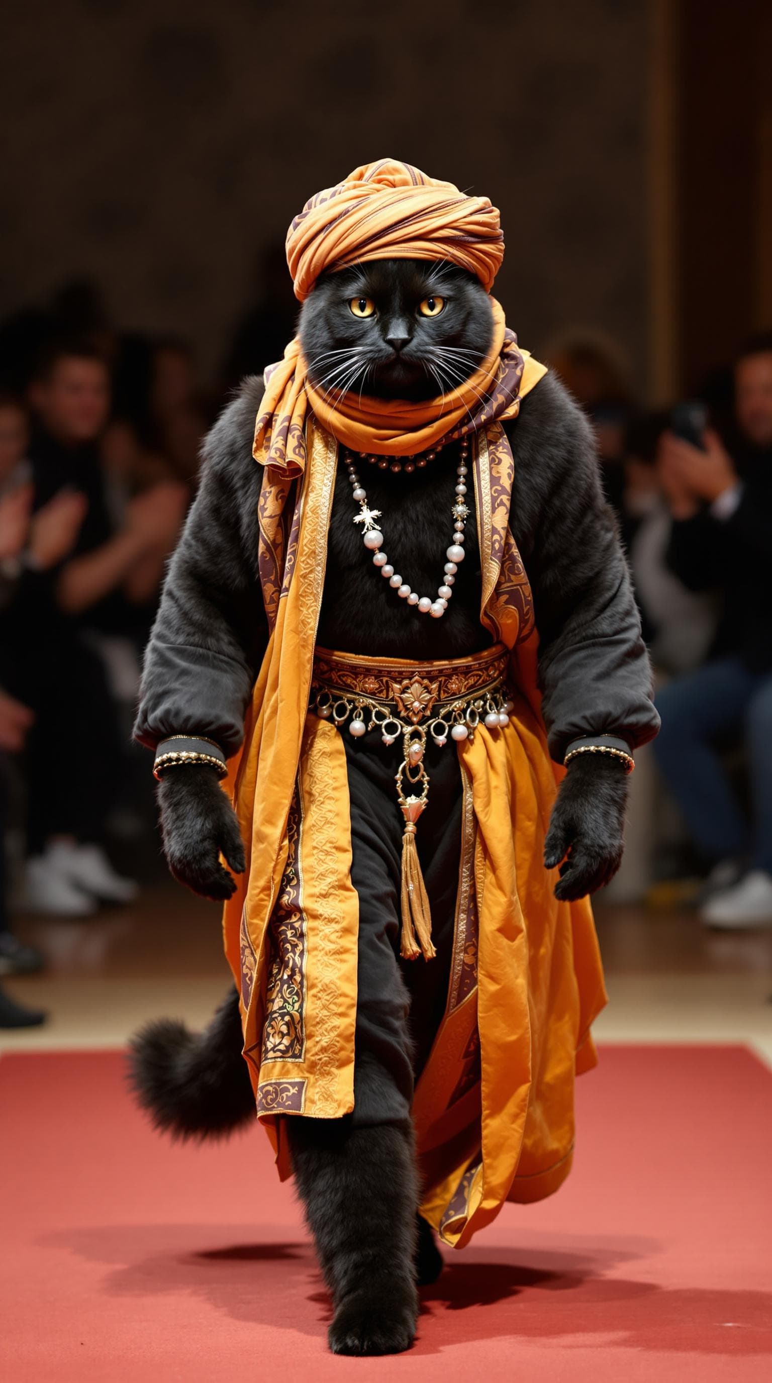 AI generated: A tall, muscular black cat dressed in Moroccan clothing (jellaba, turban and turban) walks in a fash...