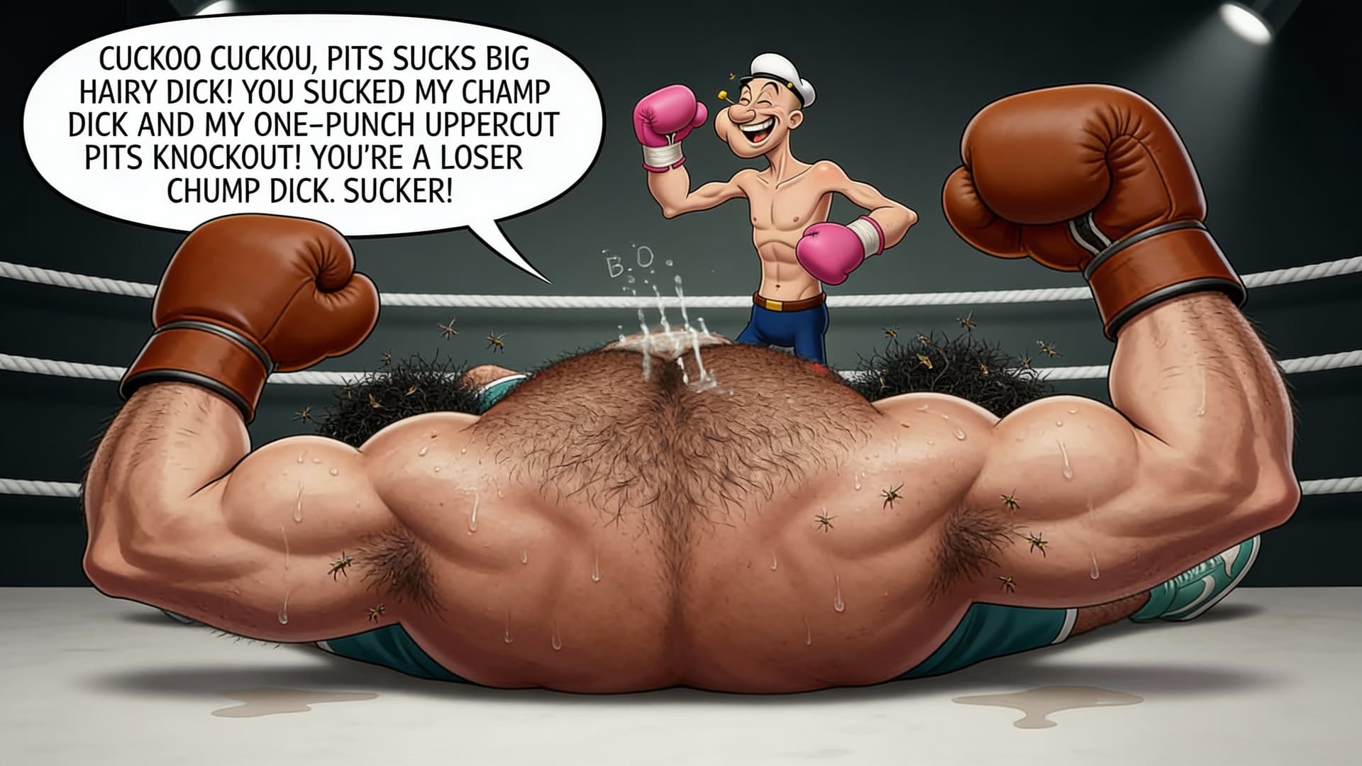 AI generated: PITS, the loser chump boxer is knocked out cold onto his hairy, sweaty back with his massive, hairy,...