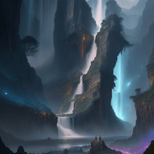 AI generated: waterfall falling from the top of the mountainlike the galaxy in the sky, fantasy, digital art, phot...