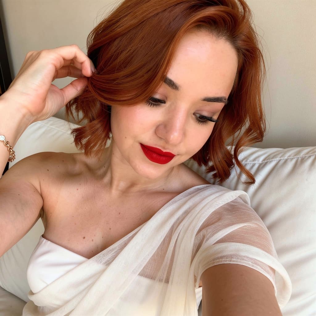 AI generated: "A fit adult woman with short auburn hair styled in loose waves is captured from a close-up angle, h...