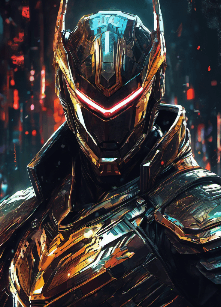 AI generated: digital portrait of a villain, intricate cybernetic armor, in the style of comics, 32k, uhd, rough, ...