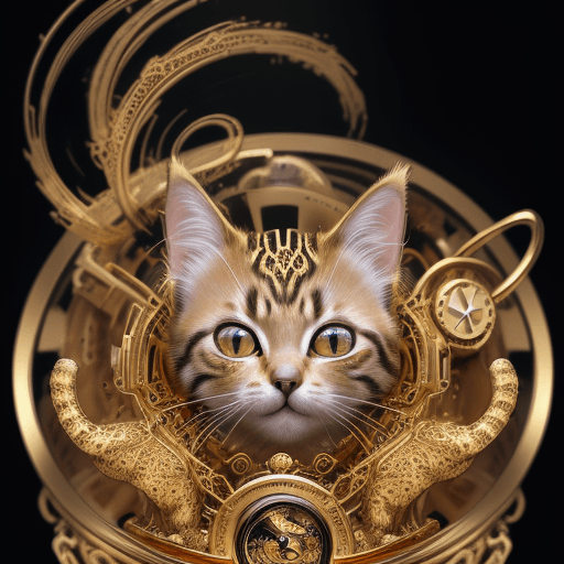 AI generated: kitten, gold clockwork cat in golden filigree over abstract dark background, chiaroescuro, high deta...