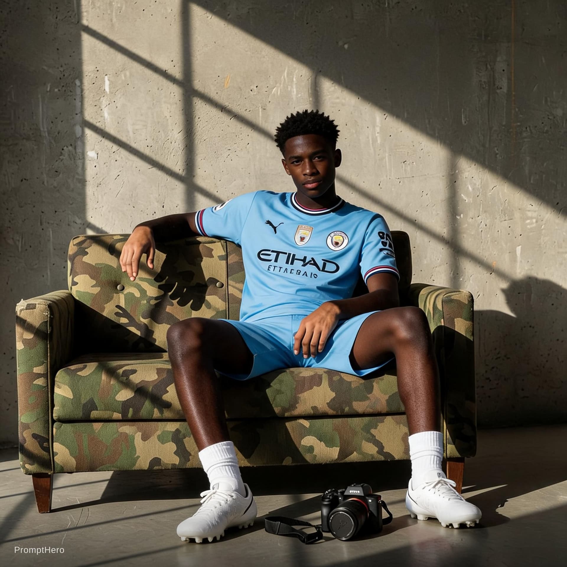 AI generated: I want the same style of photography, but with a black boy wearing Manchester City football kit
