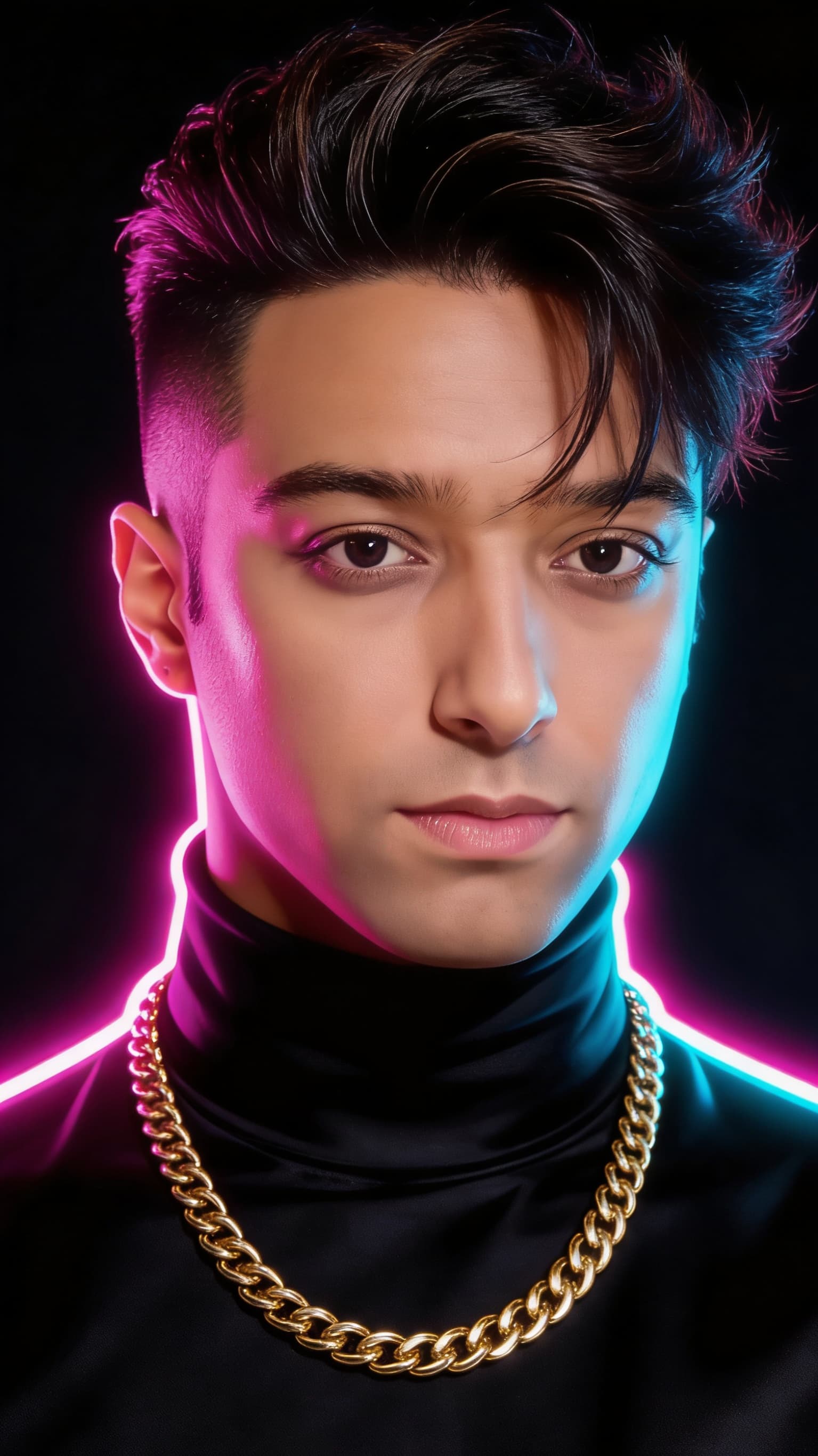 AI generated: confident young male pop singer, sharp jawline, flawless skin, subtle glossy makeup, intense eye con...