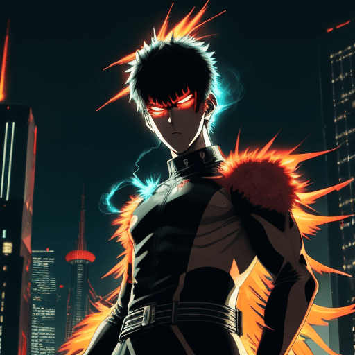 AI generated: high ground angle shot, a character looking like One Punch Man standing on top of a skyscrapper, neo...