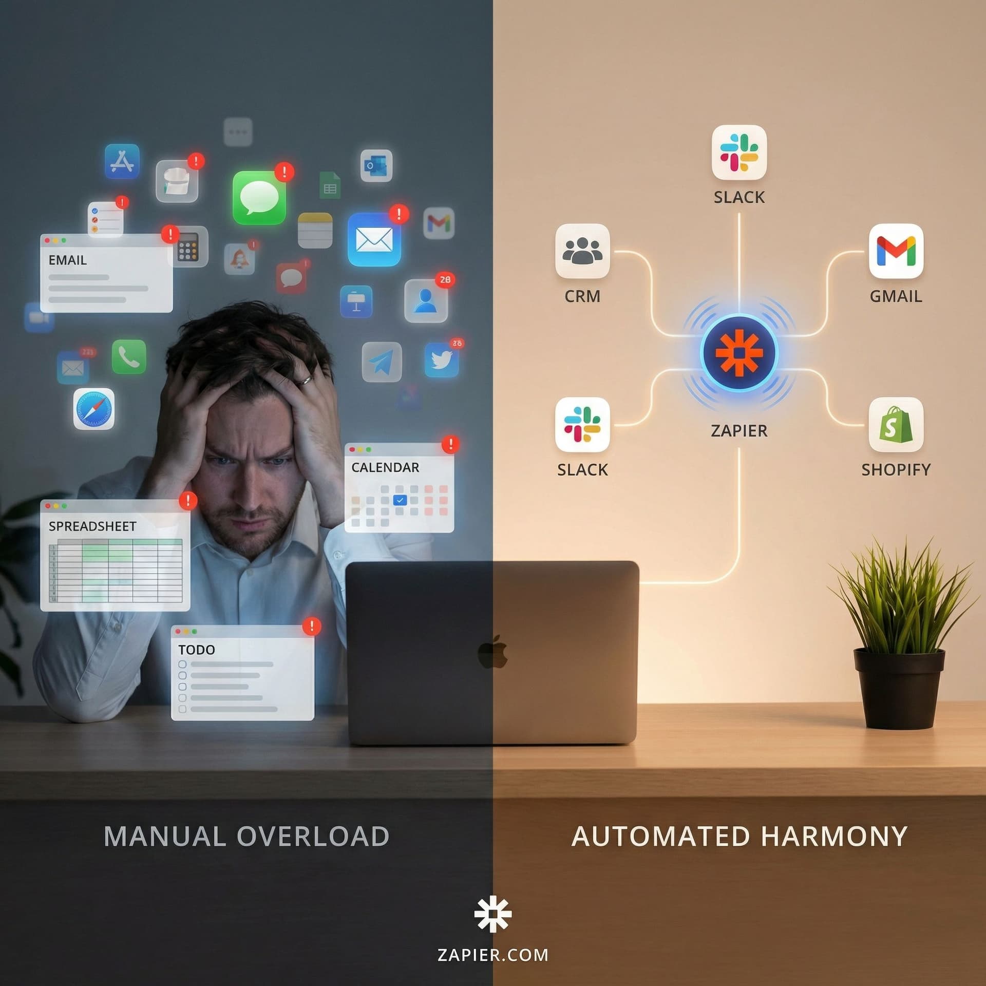 AI generated: Split-screen modern business scene.
Left side: stressed professional surrounded by floating app wind...