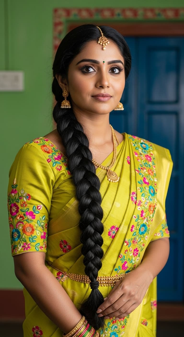 AI generated: Ultra-realistic full-body portrait of a South Indian woman standing gracefully indoors, wearing a vi...