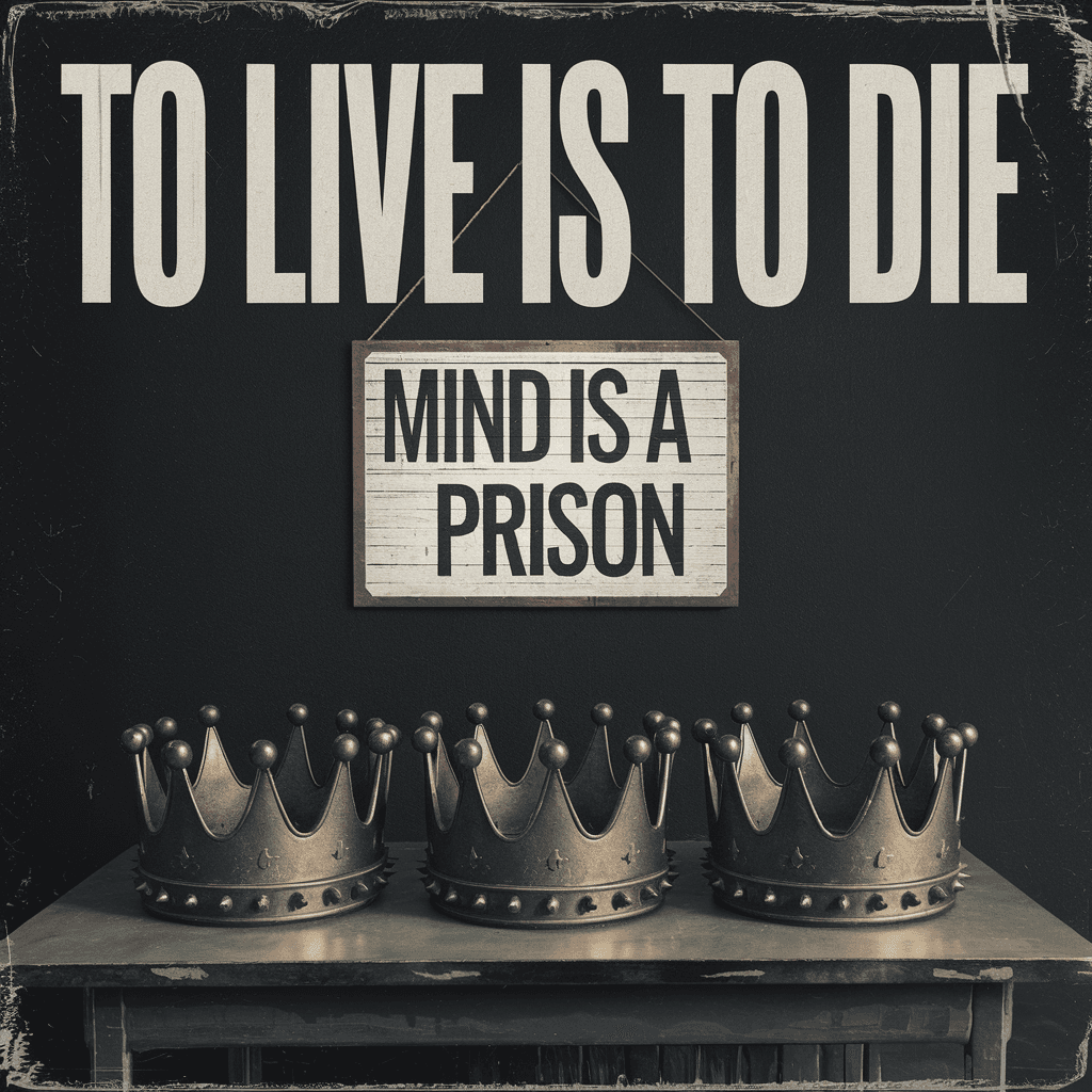 AI generated: creepy crowns,,,mind is a prison, ‘to live is to die’ typography bold characters on top,weirdcore da...