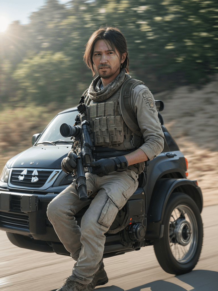 AI generated: portrait of a sniper hopping out a minivan, ultra realistic, 8k full HD, low angle, unreal engine 5,...