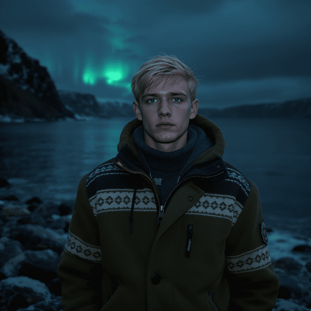 AI generated: photorealistic portrait of a 17-year-old norwegian boy, Magnus, with a strong, stoic face, short blo...