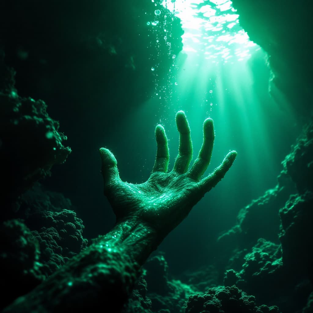 AI generated: emerald color serene underwater scene depicting a closeup hand of alien, tree finger, floating grace...