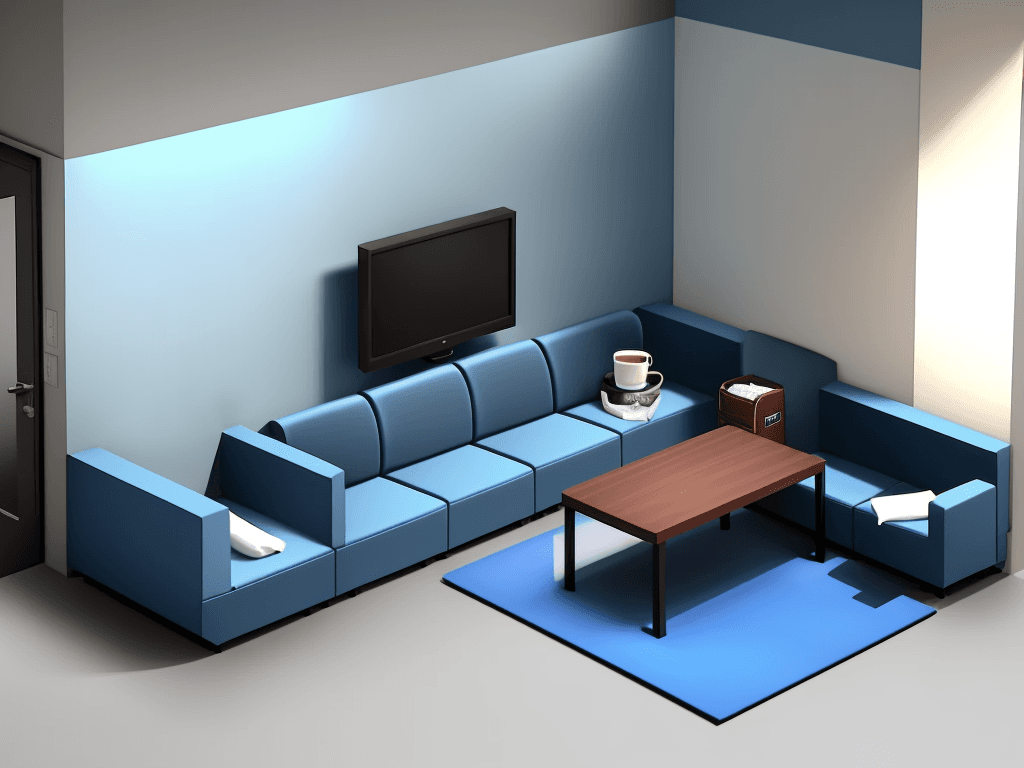 AI generated: medium rest room, in a blue tone, with sofa, bench with coffee, simple corporate environment, televi...