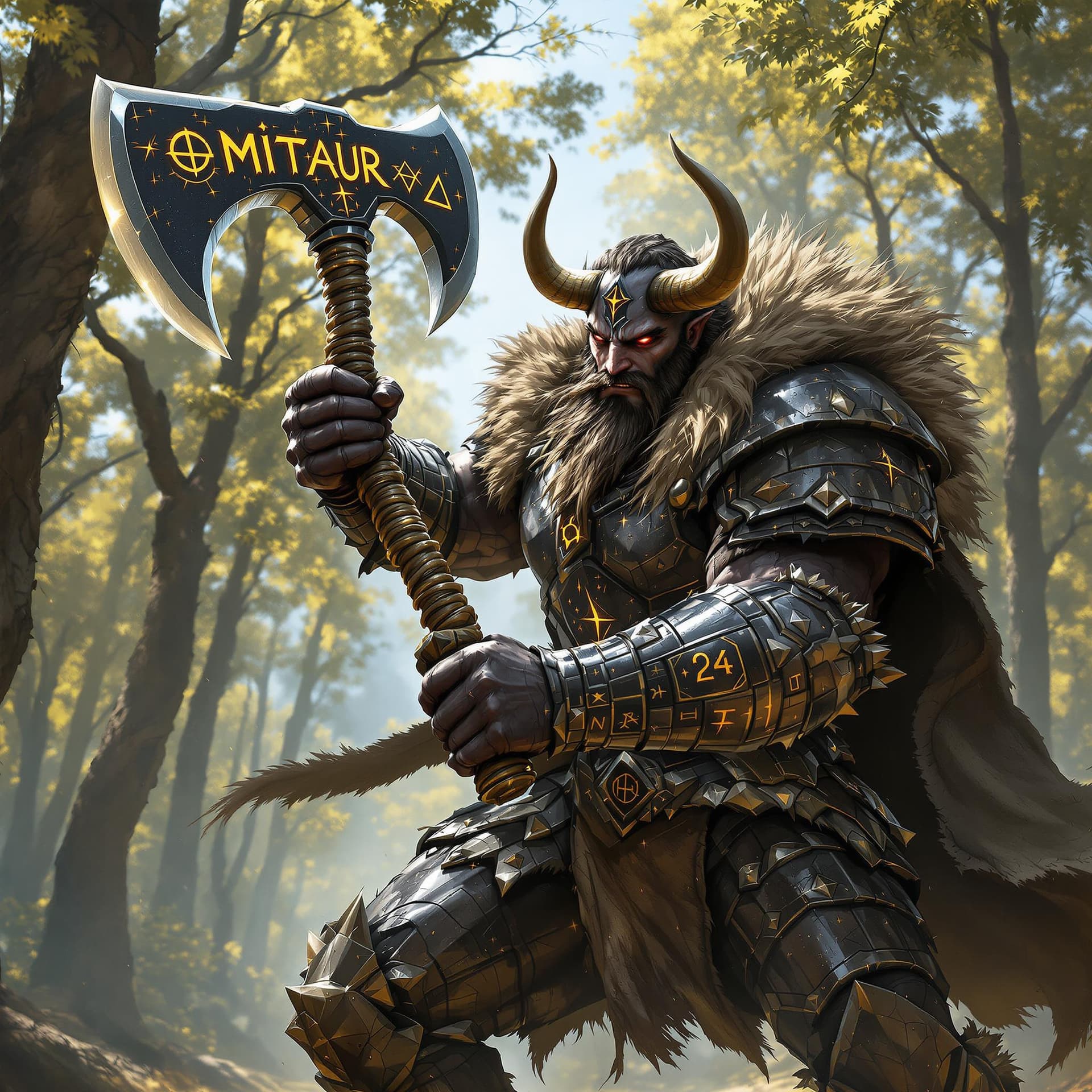AI generated: A handsome-faced Minotaur barbarian warrior, clad in battered black chrome armor, charges forward in...