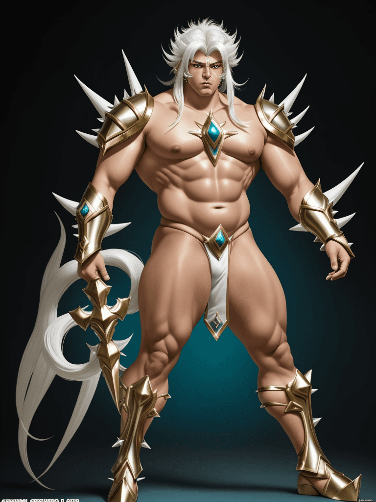 AI generated: Cassios from Saint Seiya, chubby tanned complexion, big muscles and big thighs, white hair with punk...