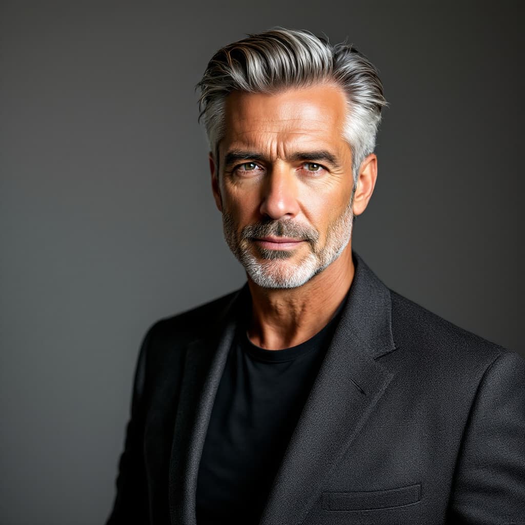 AI generated: Studio photo of a 48-year-old white American man, slicked-back greying hair, light stubble, charcoal...