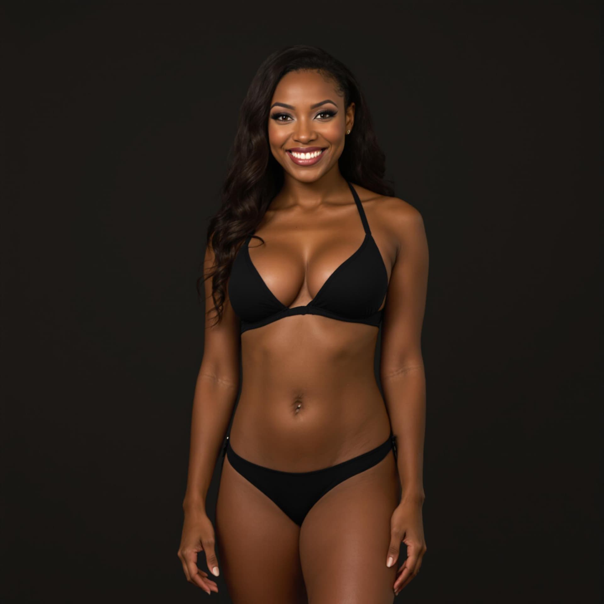 AI generated: a professional photograph of a black woman standing, smiling, and giving a pose into the camera. She...