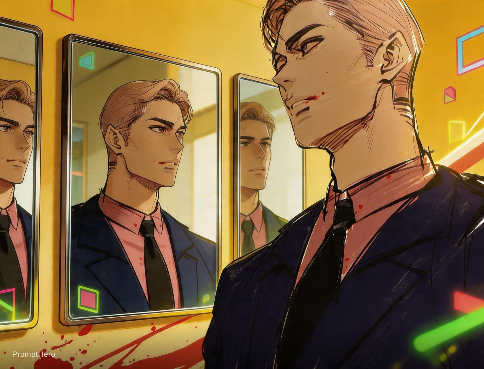 AI generated: a handsome boy with delicate features, stands with mirrors all around him, Staring at oneself in the...