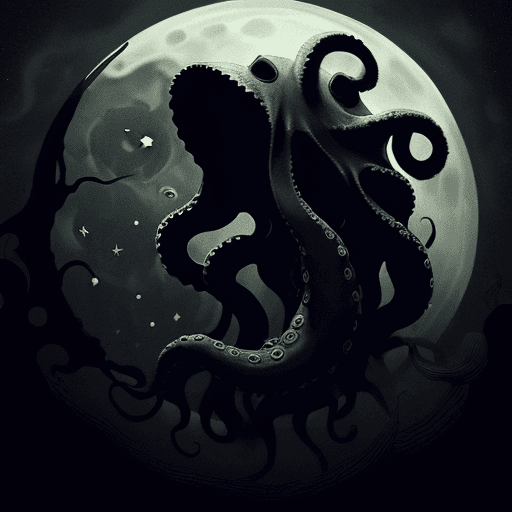 AI generated: Giant octopus, tentacles enveloping the moon, darkness of space, small stars, art style inspired by ...
