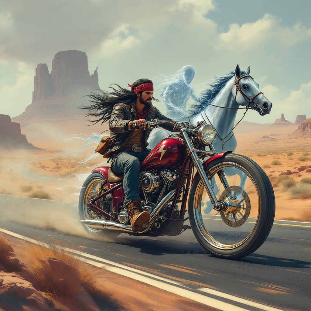 AI generated: "A breathtaking and surreal painting set in a wide-open desert landscape, featuring a lone biker rid...