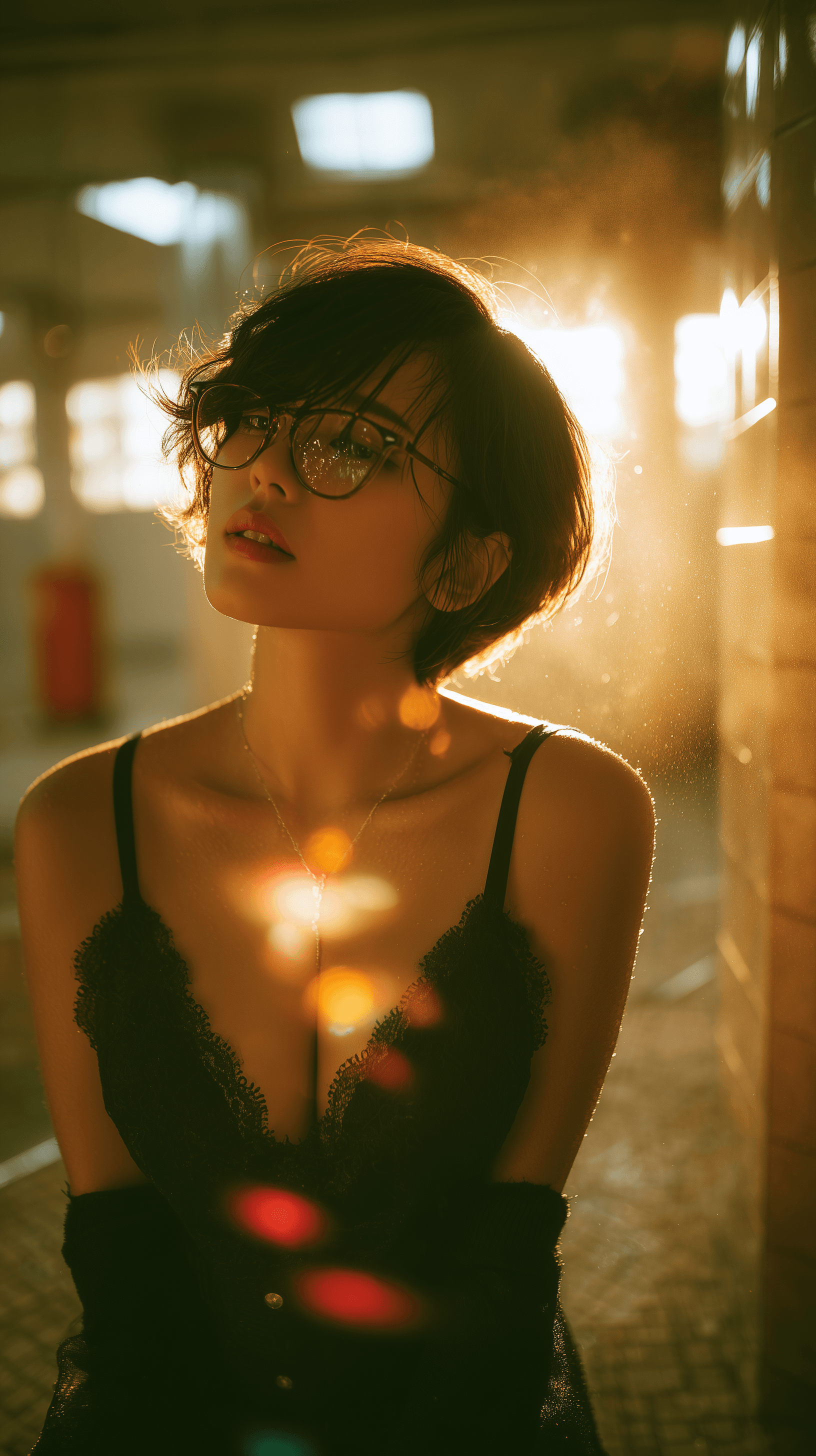 AI generated: Portrait photography of an attractive short hair Korean woman wearing glasses and a black soft lace ...