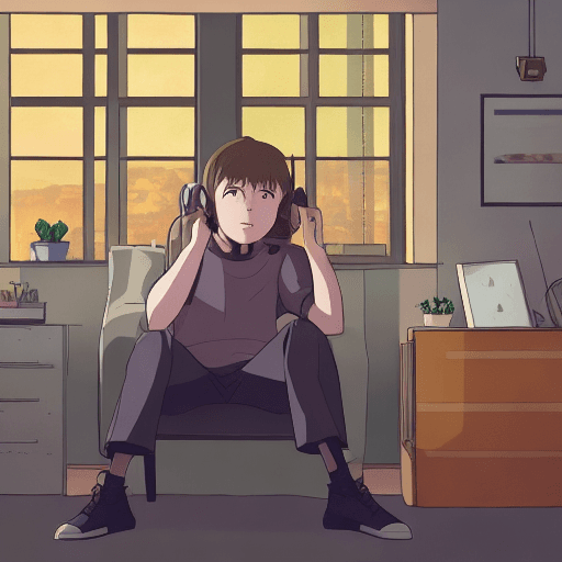 AI generated: high definition anime portrait of a man sitting in an armchair at home thinking about things, with h...