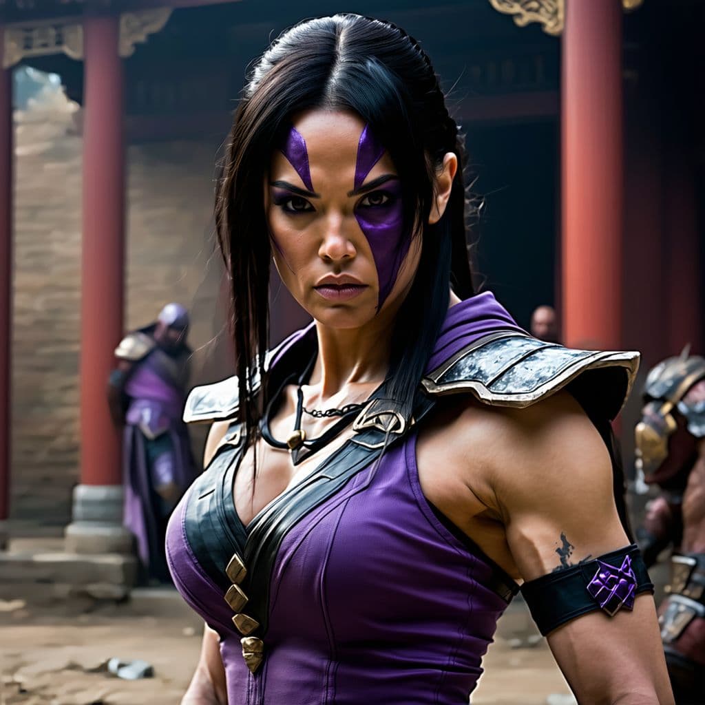 AI generated: Mileena de mortal Kombat in combat position 