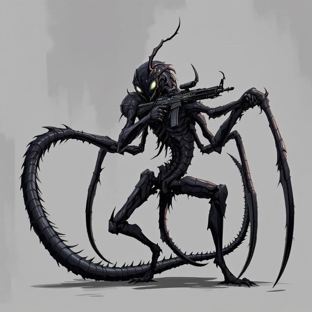 AI generated: The creature is covered in a hard, chitinous exoskeleton, typically dark in color, often shades of b...