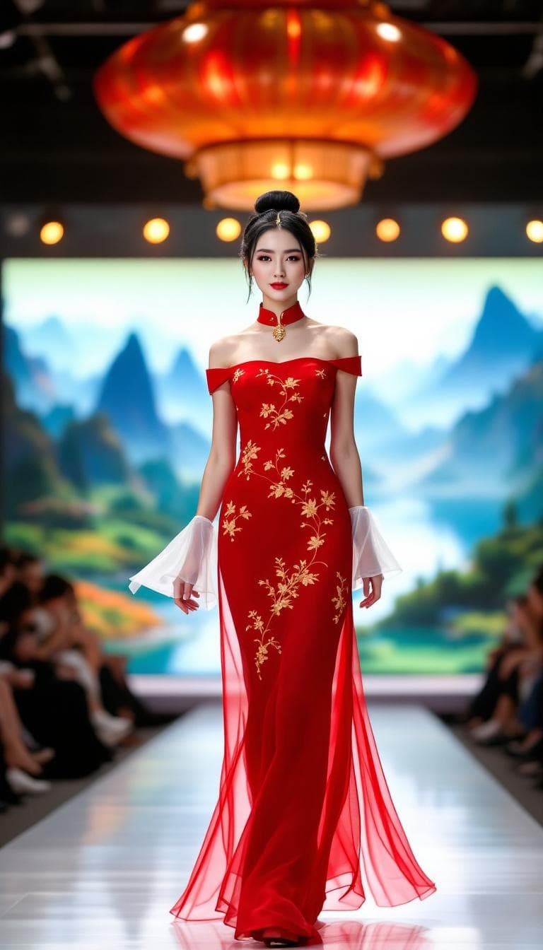 AI generated: A beautiful Chinese model, with a black bun, wearing a stunning traditional Chinese red translucent ...