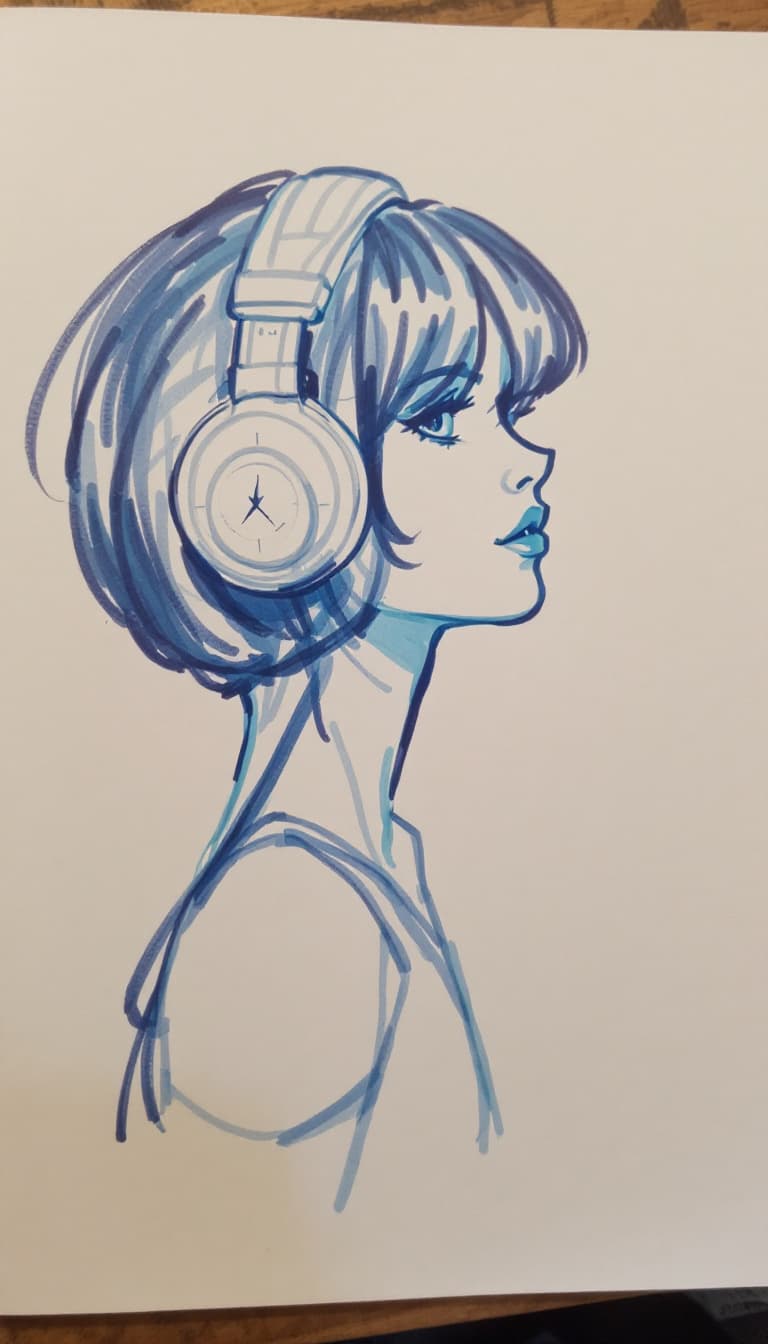 AI generated: girl, blue pen drawing, sketch