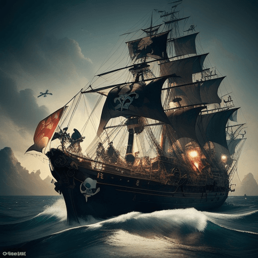 AI generated: The image features a large pirate ship sailing on a body of water, with a skull and crossbones promi...