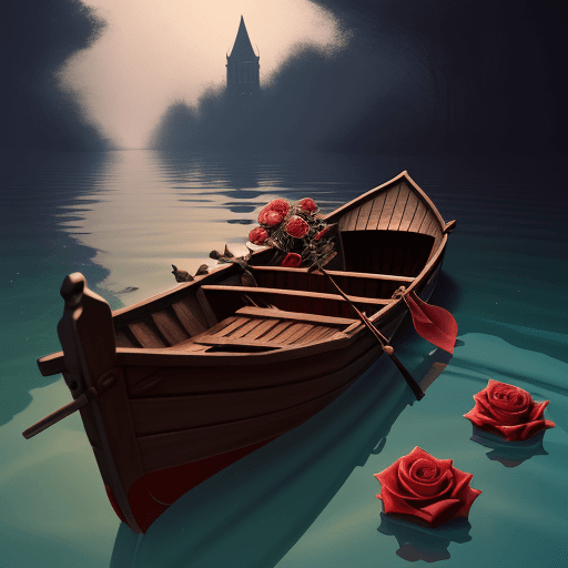 AI generated: A rose in a boat, floating in hell