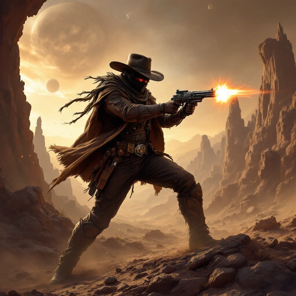 AI generated: a badguy  cowboy being shot on an alien planet