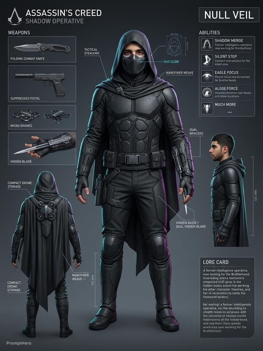 AI generated: Full character sheet concept art of a modern Shadow Operative Assassin inspired by the Assassin’s Cr...