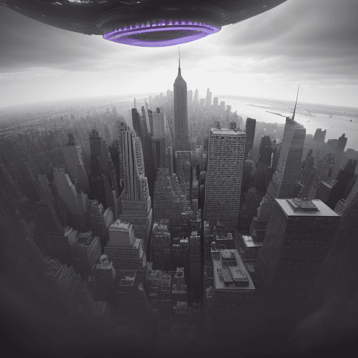 AI generated: 
A photo of New York city, in the clouds a massive alien spaceship looms over the city. Crowds of pe...