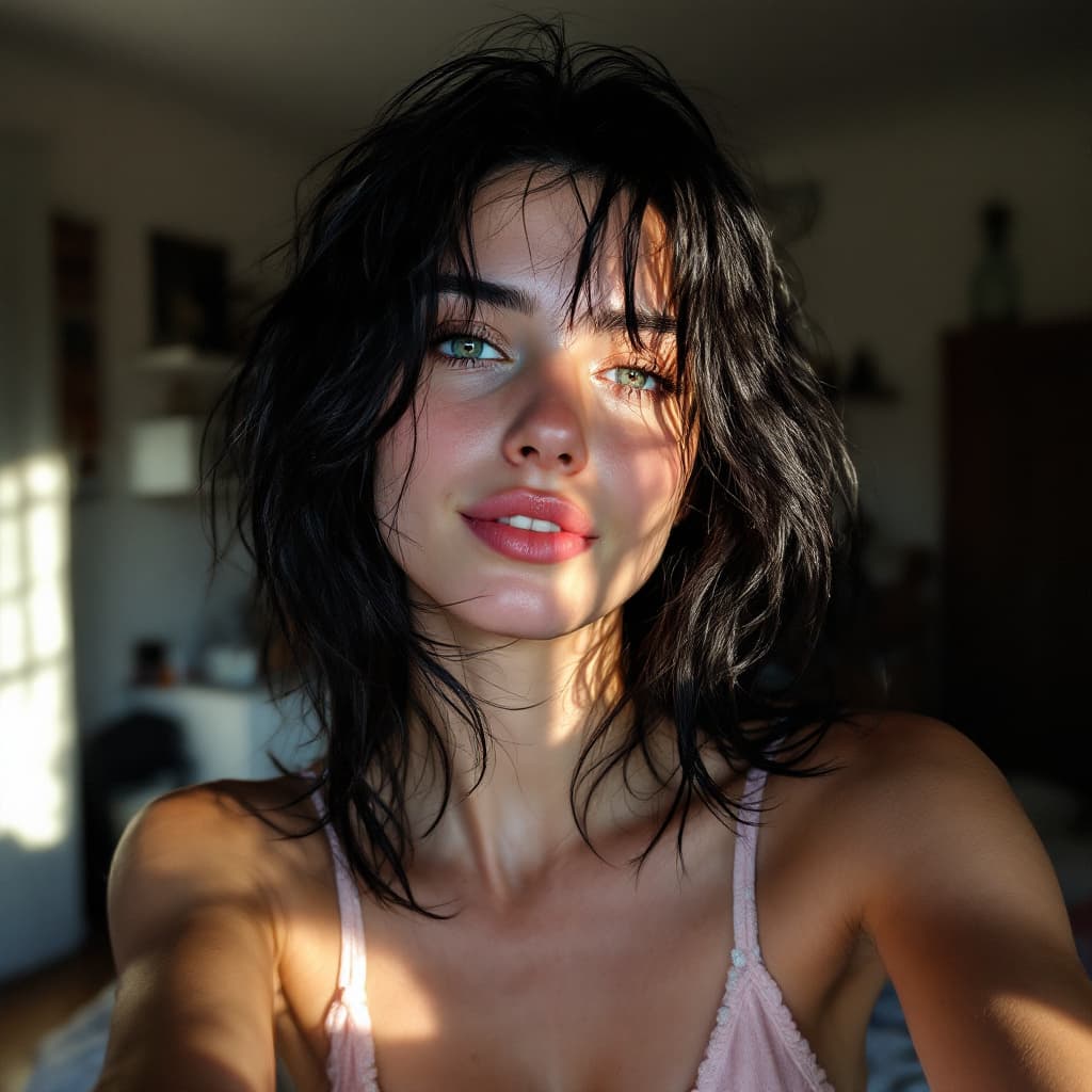 AI generated: 18-year-old woman, messy black hair, light blue eyes, tanned white skin, thin body, wearing pajamas ...