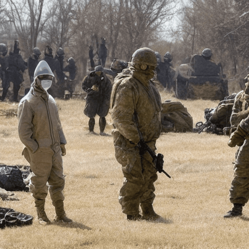 AI generated: A surreal and dramatic scene set in the midst of a ground combat. In the foreground, a soldier is hu...